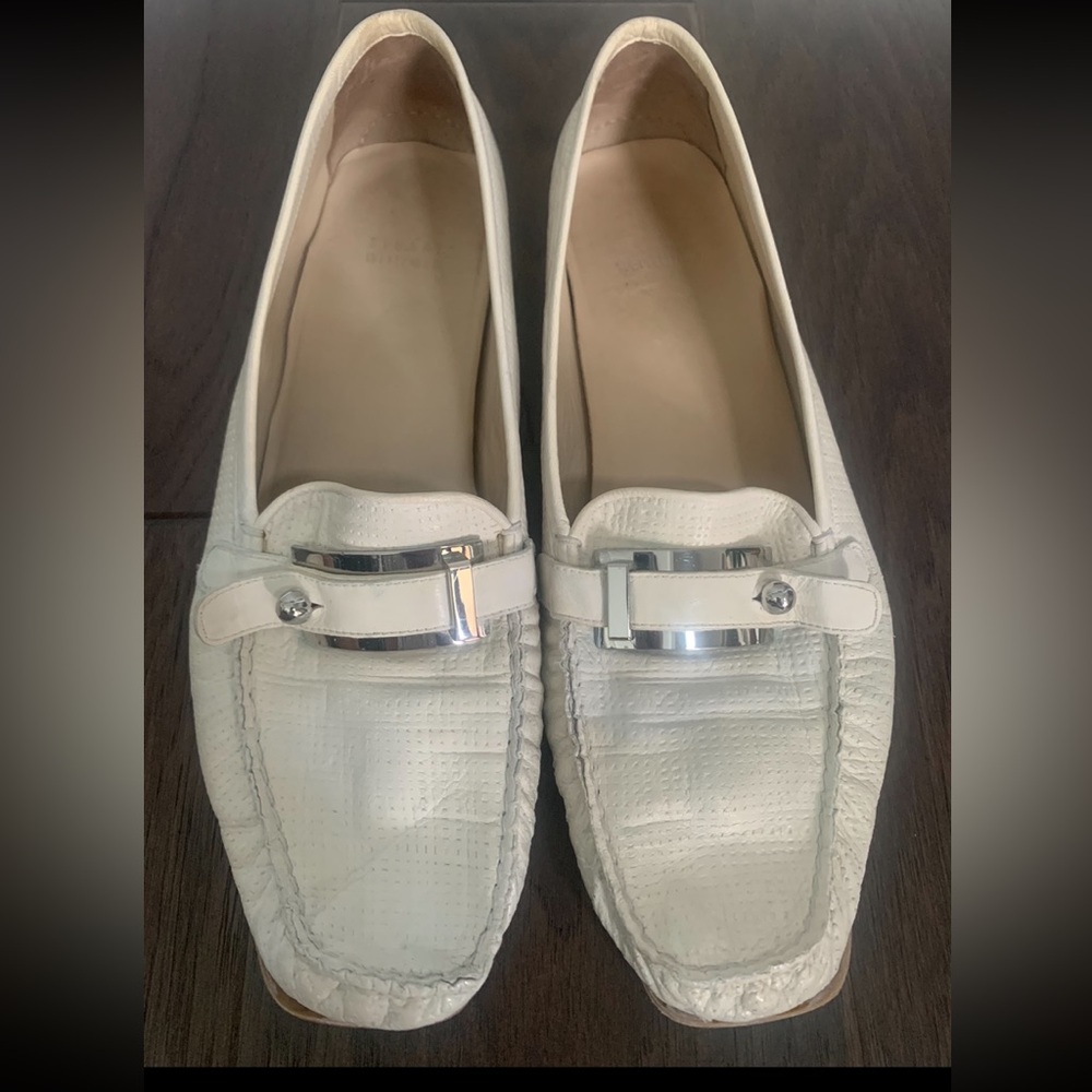 Stuart Weitzman White Leather Loafers with Silver Accent